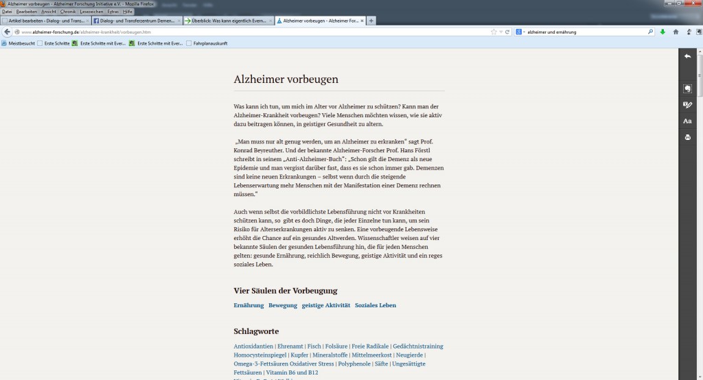 Die Internetseite zum Thema "Alzheimer vorbeugen" in der Bildschrimdarstellung mittels der Zusatzanwendung Clearly von Evernote